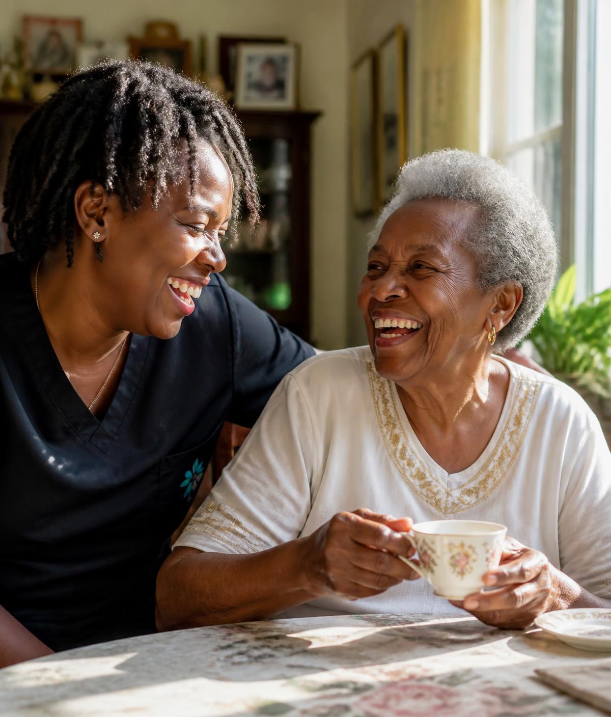 A caregiver laughing with a senior resident at a sunlit dining table