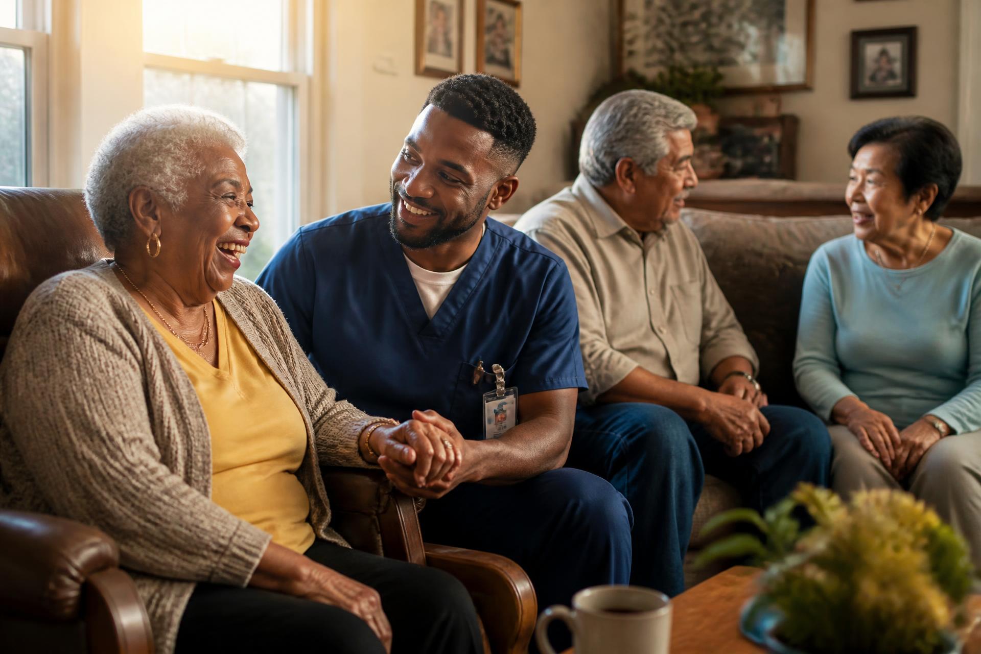 Smiling seniors enjoying conversation with a caregiver in a comfortable residential living room